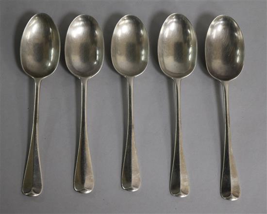 A matched set of six early 20th century silver Hanovarian rat-tail pattern dessert spoons, 7.5 oz.